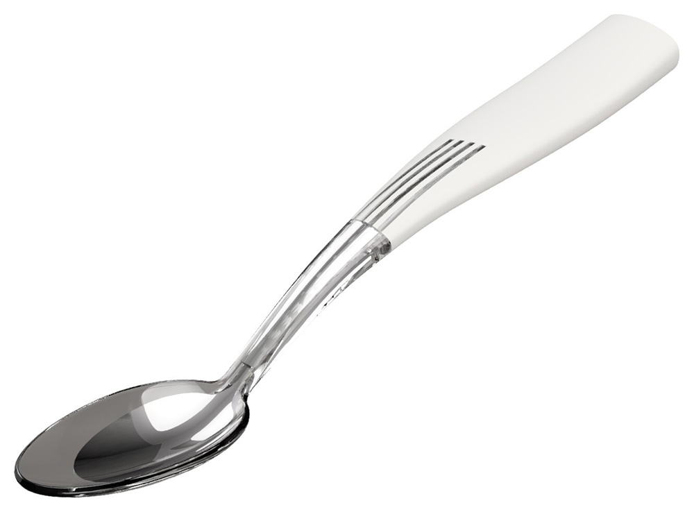 A close-up of the Kirin Electric Salt Spoon, with a sleek white handle and metallic spoon bowl. The design is both modern and functional, equipped with a button for controlling saltiness levels. It’s an intriguing blend of technology and dining innovation, perfect for health-conscious food enthusiasts.