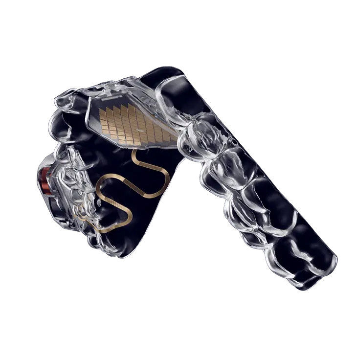 The MouthPad by Augmental is a transparent, high-tech oral device with intricate embedded circuits and components. It fits inside the mouth to detect tongue and head movements, converting them into commands for devices like smartphones or computers. Sleek and futuristic, it's designed to enhance accessibility and control.