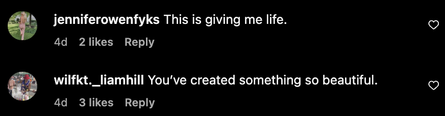 Generic bot comments like, "This is giving me life," demonstrate formulaic admiration.