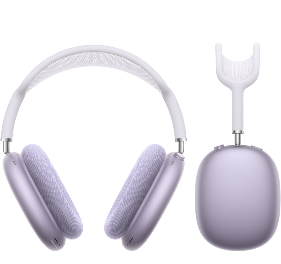 AirPods Max in Purple, over-ear headphones, aluminium ear cups, ear cushions, telescoping arms connect the cups and headband