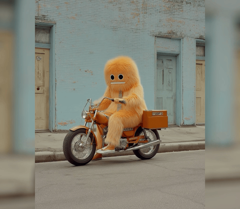 AI-generated video still of a large orange furry monster riding a vintage orange motorbike on a city street against a blue-painted brick wall.