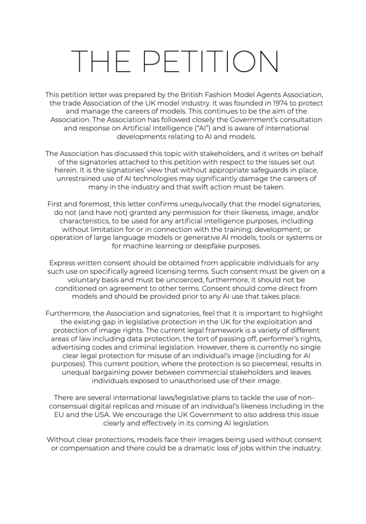 Full petition text from the British Fashion Model Agents Association campaign My Face Is My Own, calling for legal protections against AI misuse in fashion.