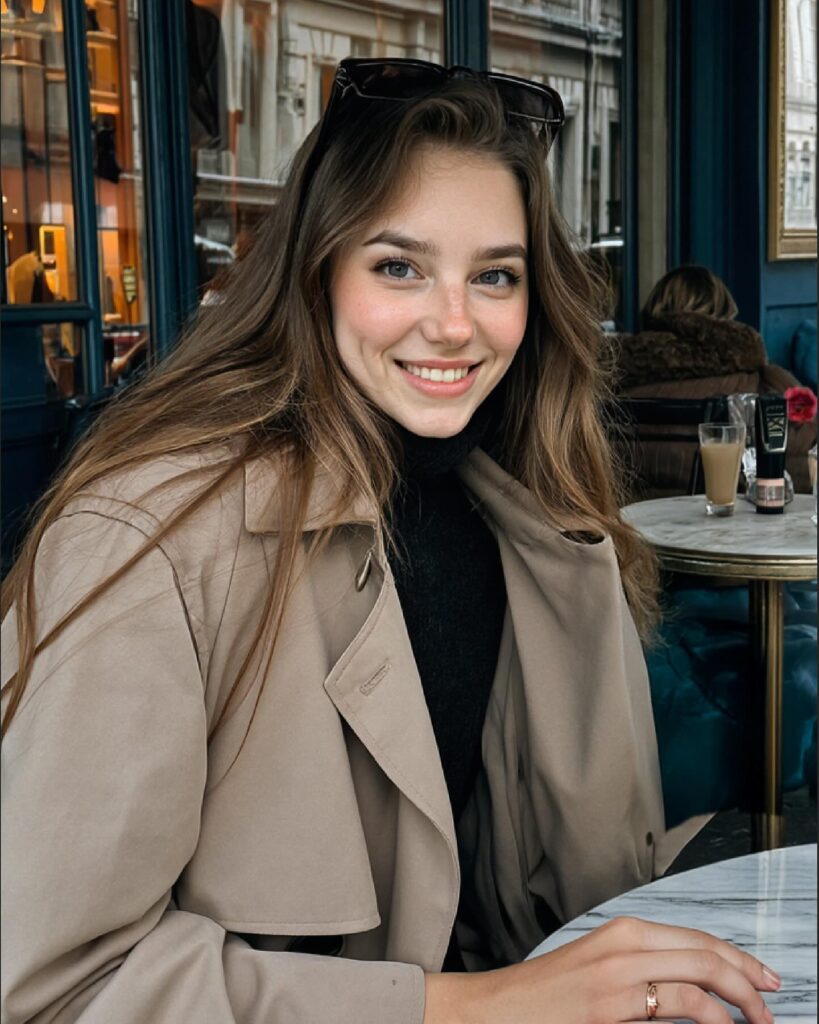 Tilly Norwood sitting at a Paris café table in a beige trench coat and black turtleneck, holding a coffee with a street background.