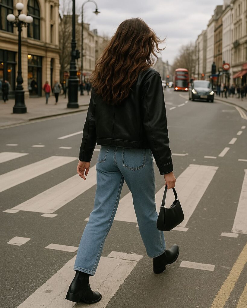 Tilly Norwood crossing a London street wearing a black leather jacket, blue jeans, black boots, and carrying a small black handbag.