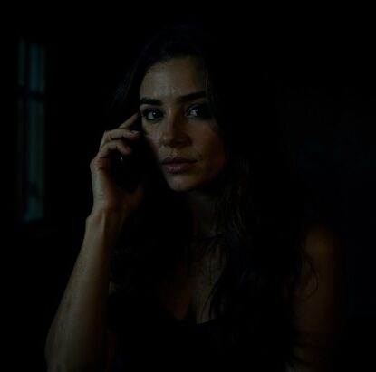 Tilly Norwood in a dark dramatic setting, holding a phone to her ear with serious expression, cinematic lighting.