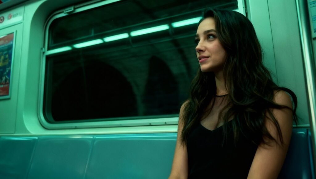 Tilly Norwood sitting in a subway car at night, dressed in a black tank top, lit by green neon light.