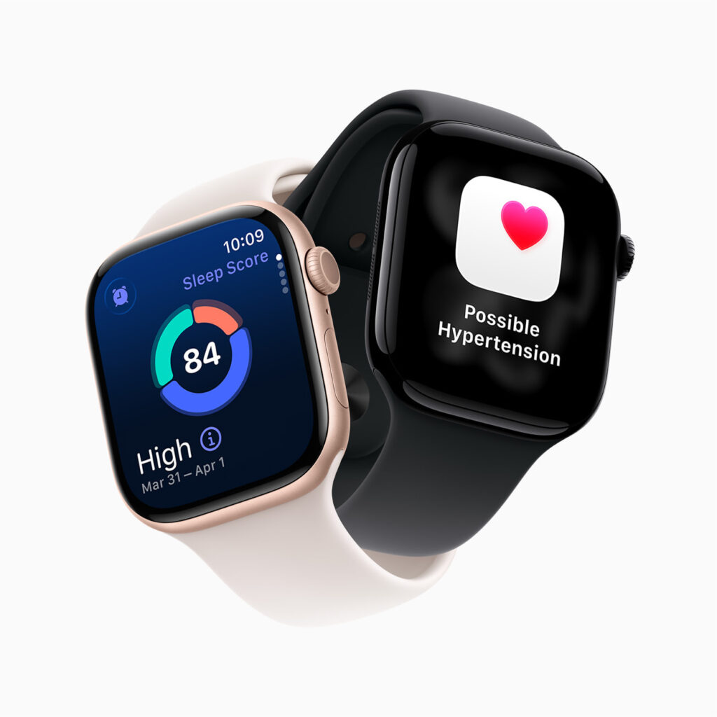 Two Apple Watch Series 11 models, one showing the Sleep Score interface and the other displaying a Possible Hypertension alert, showcasing Apple’s latest health technology.