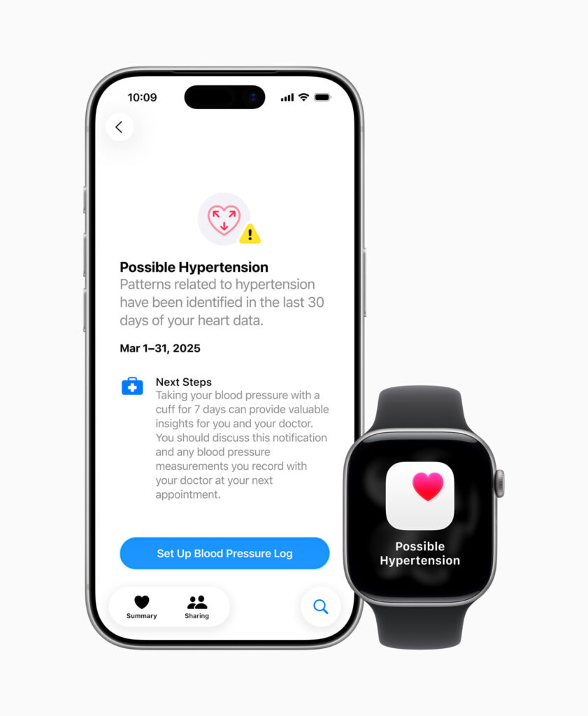 Image of Apple Watch Series 11 and iPhone showing a “Possible Hypertension” alert in the Health app, highlighting next steps and blood pressure tracking options.