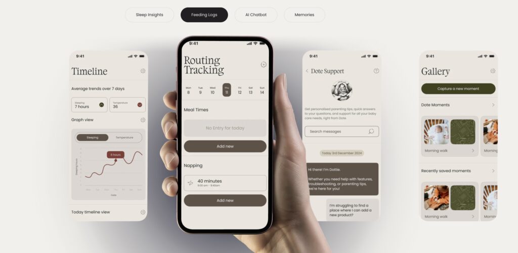 Image of Dote app screens displaying sleep insights, feeding logs, AI chatbot and gallery options on beige minimalist UI.