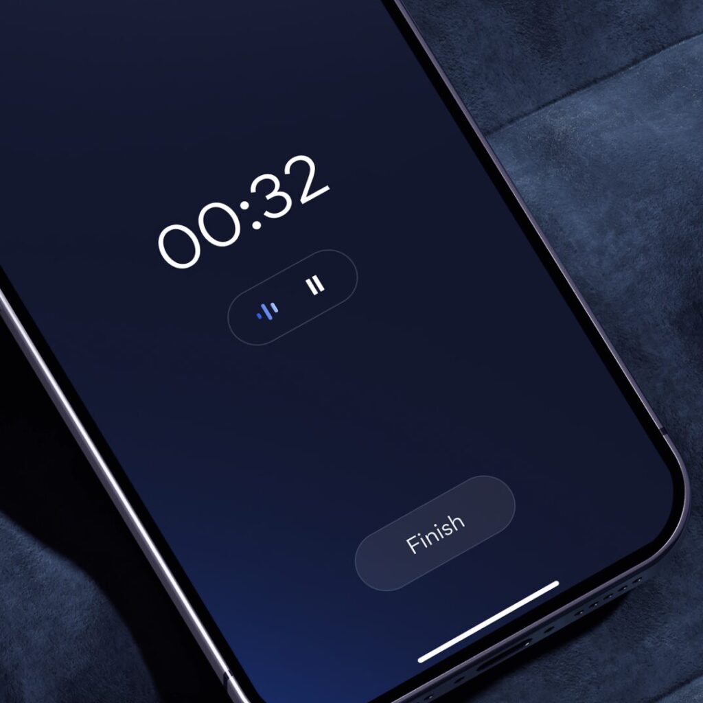 martphone screen showing the Mirror app recording interface with a 32-second timer, representing secure AI audio transcription for healthcare appointments.
