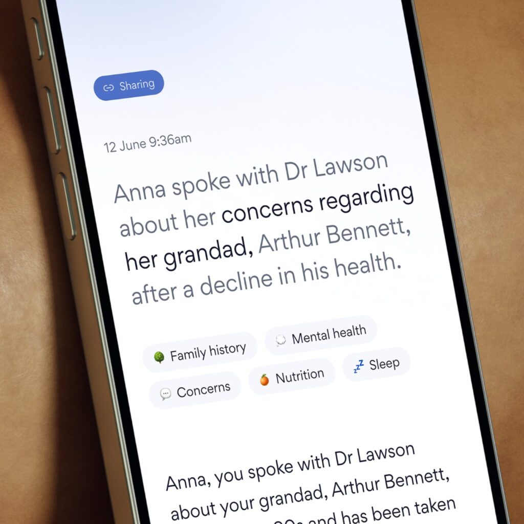 Smartphone screen displaying Mirror app consultation summary, highlighting AI-generated plain-English medical notes.