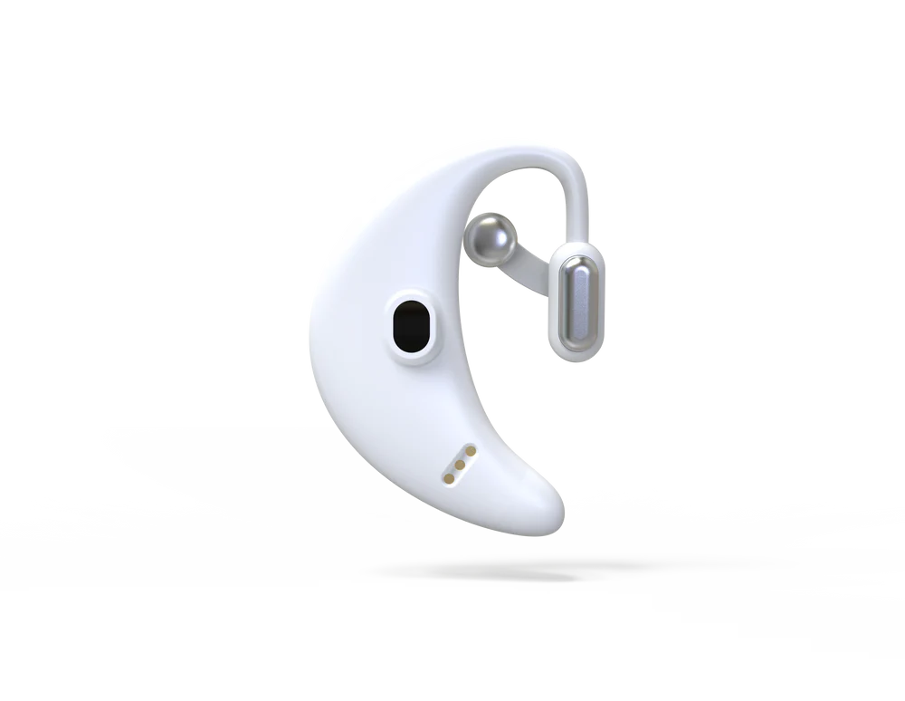 Detailed rear view of the SONA device highlighting its embedded sensors and silver electrodes for intelligent nerve stimulation.