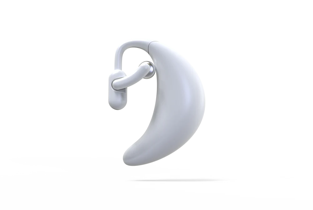 Side profile of the SONA wearable showing its curved, minimalist shape and ear-hook design used for vagus-nerve stimulation.