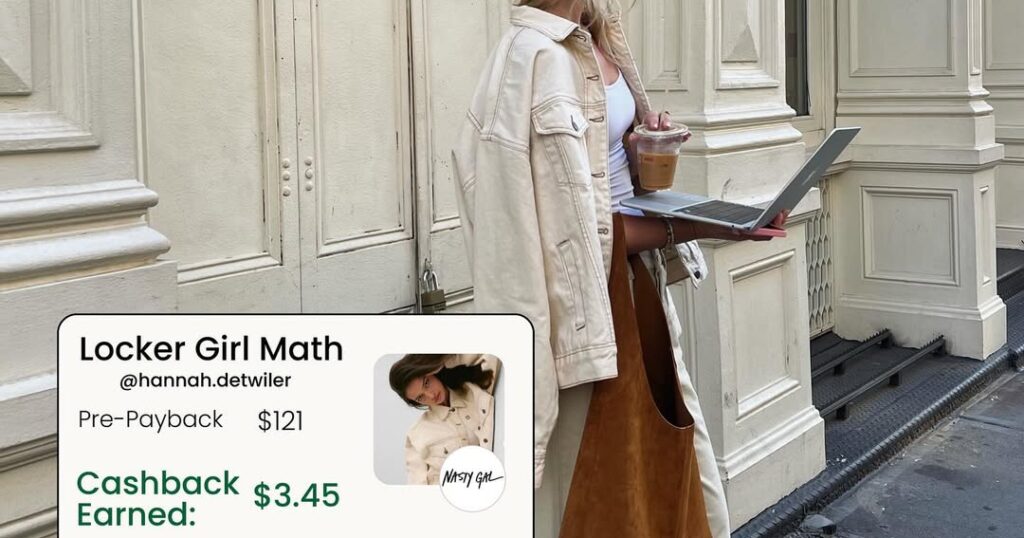 Hannah Detwiler stands on a city street holding a laptop and iced coffee, wearing a cream jacket and wide-leg trousers. On-screen graphic shows “Locker Girl Math” with $3.45 cashback earned via the Locker app.