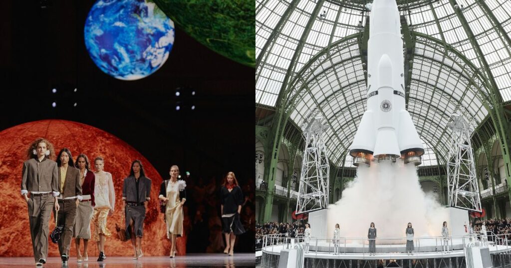 Side-by-side images showing Chanel’s iconic space-themed runway moments: models walking beneath glowing planets at Matthieu Blazy’s Spring-Summer 2026 show, and Karl Lagerfeld’s 2017 Chanel rocket launch set inside the Grand Palais in Paris.