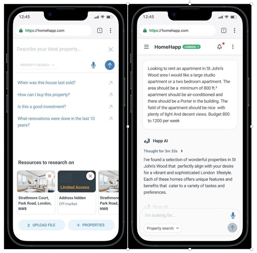 Smartphone screenshots showing the HomeHapp AI property search platform, demonstrating AI-powered tools for real-time property discovery and market intelligence in London.