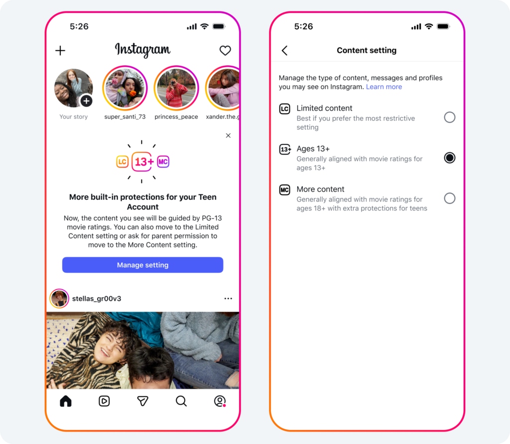 A smartphone screenshot showing Instagram’s new teen account safety prompt with options such as “Limited Content,” “Ages 13+,” and “More Content,” designed to align with PG-13 style guidelines for younger users.
