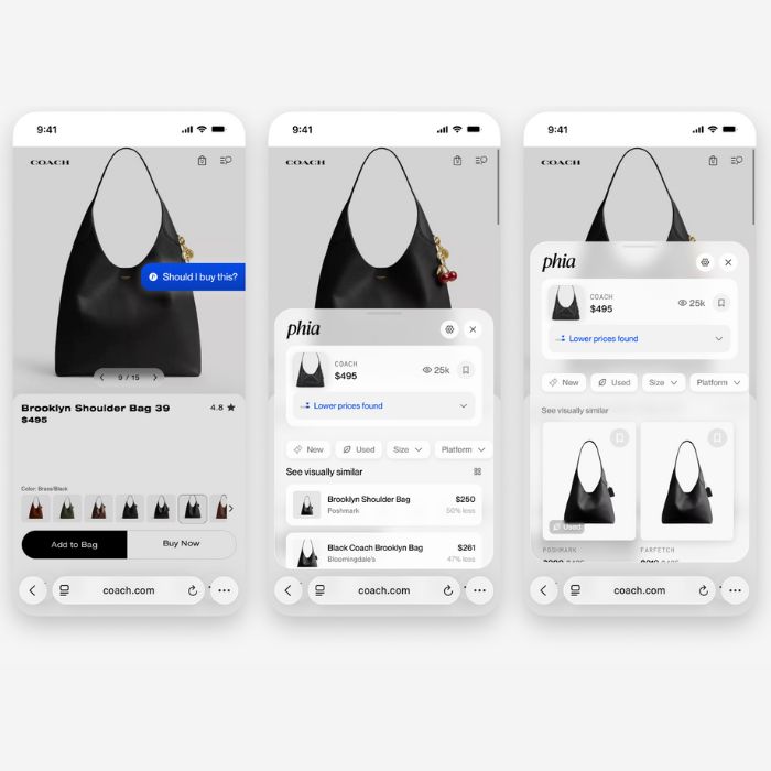Multiple phone screens showing Phia’s price comparison interface for a Coach shoulder bag on different retailer websites.