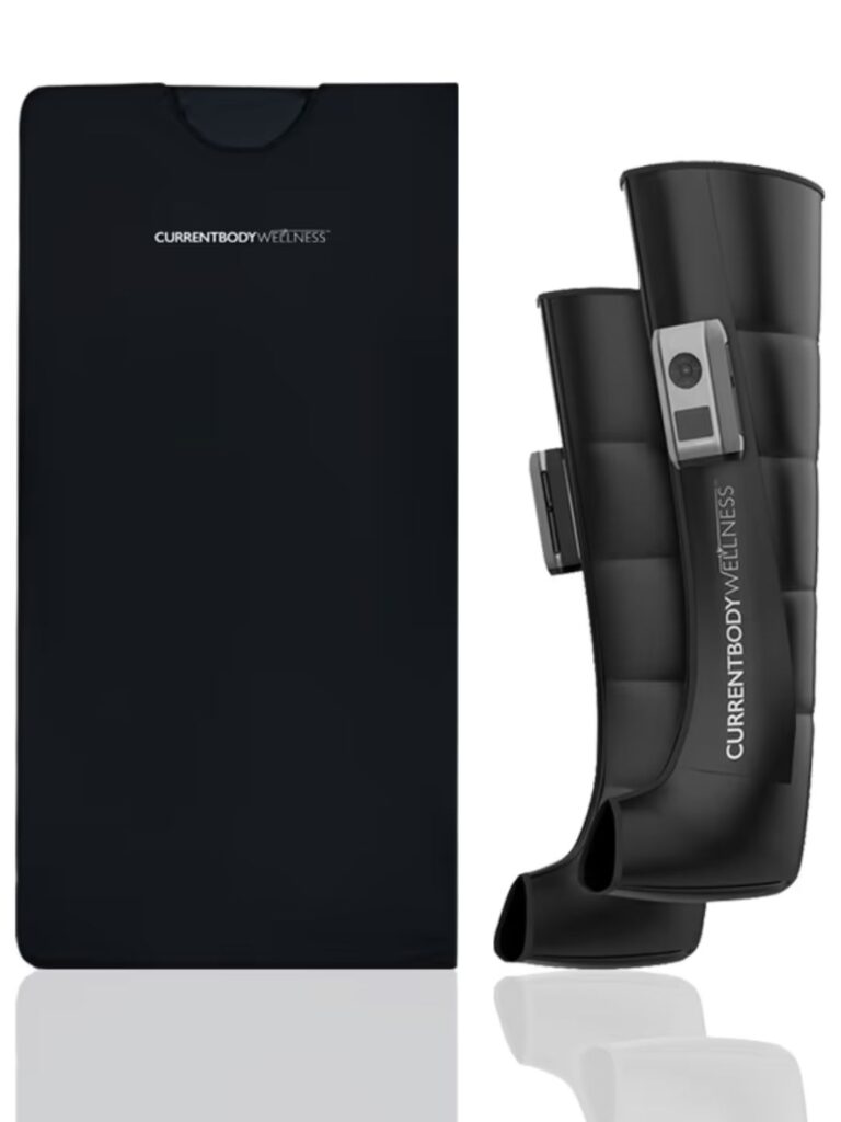 Image of the CurrentBody Wellness Infrared Sauna Blanket and Recovery Boots, featuring a sleek black foldable blanket and matching compression leg sleeves designed for at-home detox, circulation and muscle recovery.