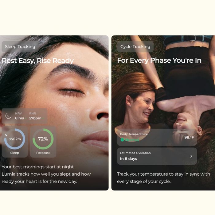 Two images showing Lumia app screens for sleep tracking and cycle tracking, featuring women resting and relaxing outdoors.