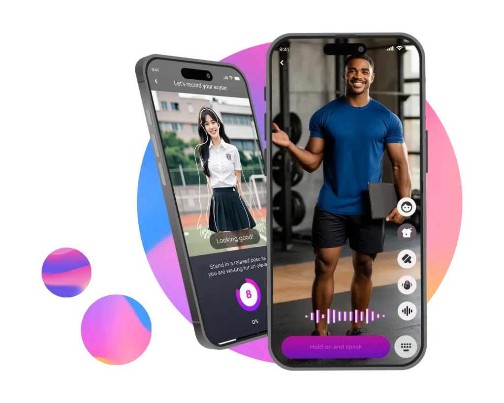 A smartphone mockup showing an app interface where a young woman’s avatar is being recorded on one screen, while another screen shows a fitness-themed virtual assistant. The design features colourful gradients and a modern UI.