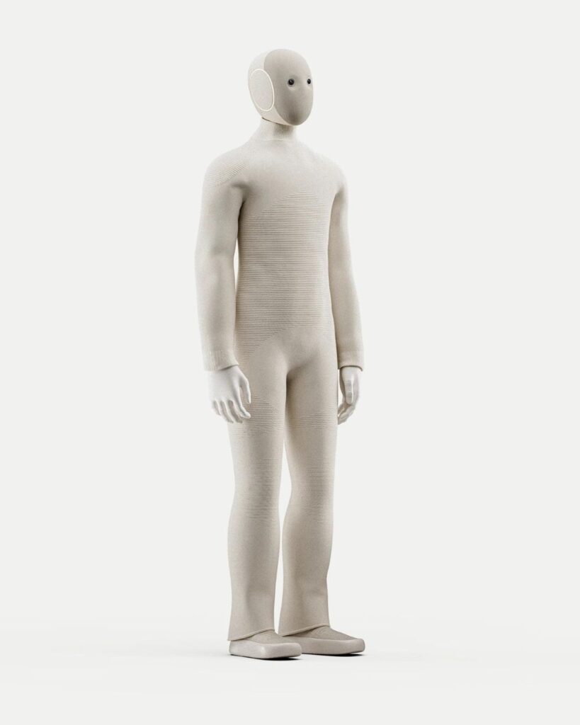 Full-length image of the NEO robot in cream fabric with soft humanoid contours, designed for safe domestic interaction.