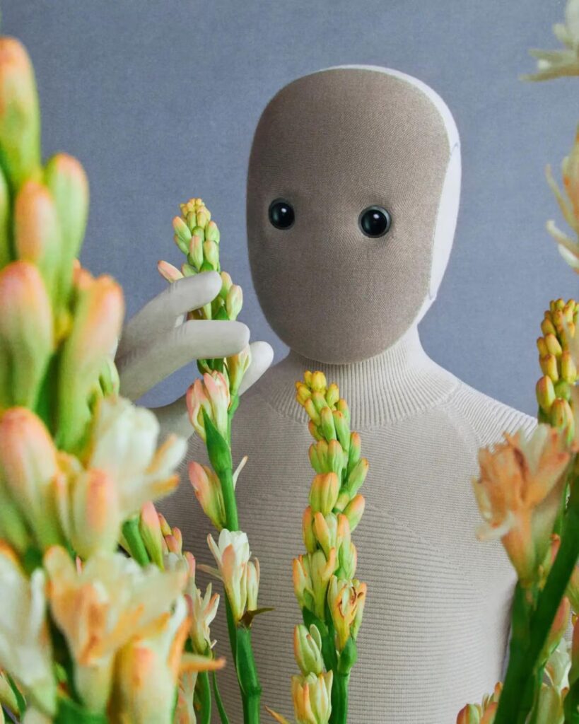 The humanoid NEO robot stands among blooming flowers, extending its hand to touch petals – symbolising the harmony between technology and nature.