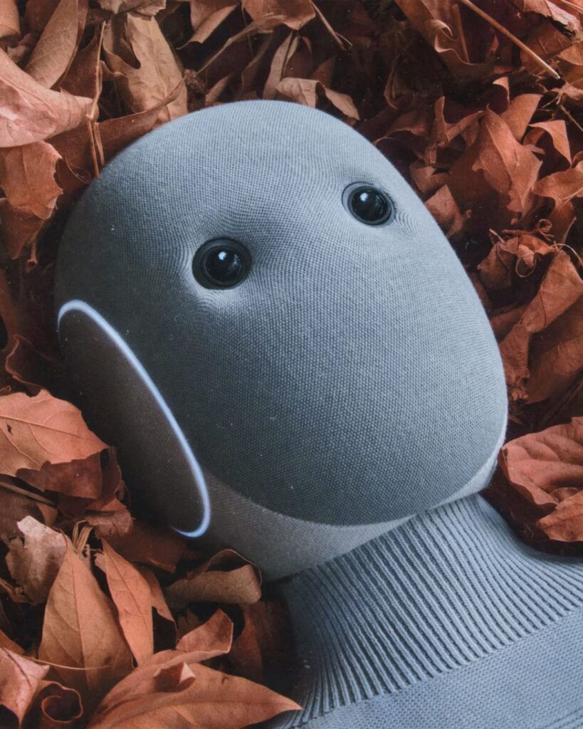 The NEO home robot by 1X lies among dry autumn leaves, showcasing its soft-textured design and human-like form.