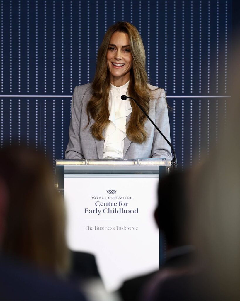 Princess Kate standing at a podium delivering remarks at the Royal Foundation Centre for Early Childhood Business Taskforce event.