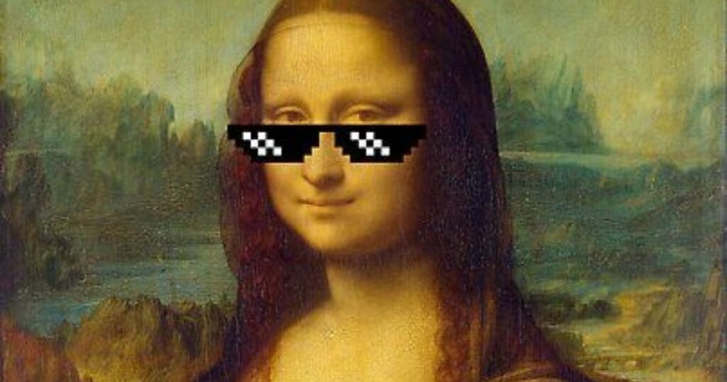 Classic Mona Lisa painting with pixelated meme 'thug life' sunglasses added, shared online in reaction to the Louvre password scandal.