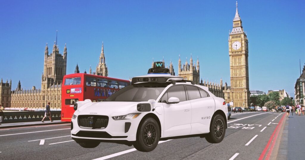 Waymo driverless electric car crossing Westminster Bridge in London with Big Ben and a red double-decker bus, illustrating autonomous ride-hailing technology coming to the UK in 2026 and its potential impact on urban safety and women’s travel.