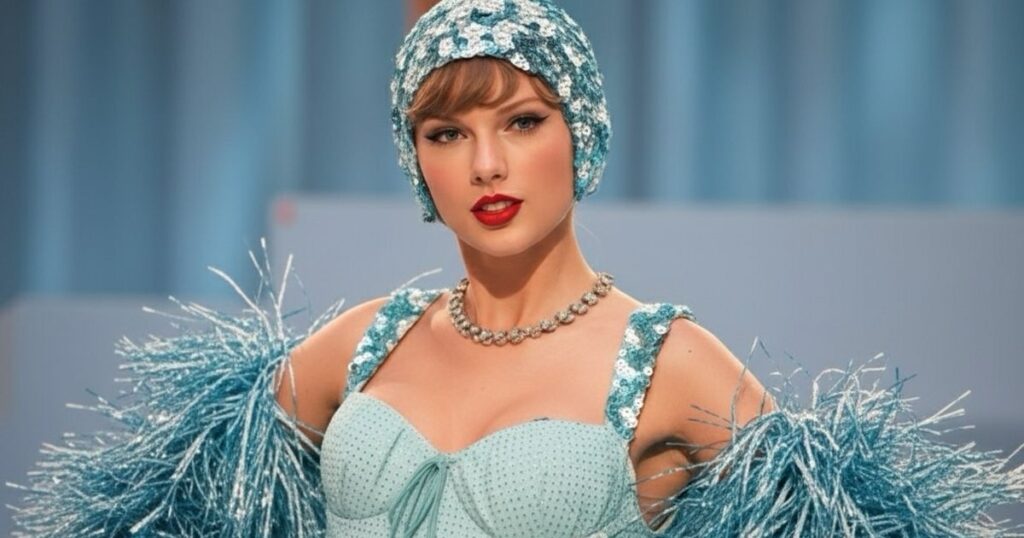 A high-resolution image of a woman resembling Taylor Swift wearing an aqua blue sequin showgirl-inspired outfit with a matching embellished headpiece and feathered detailing, posing under studio lighting. Fashion and celebrity glamour concept.