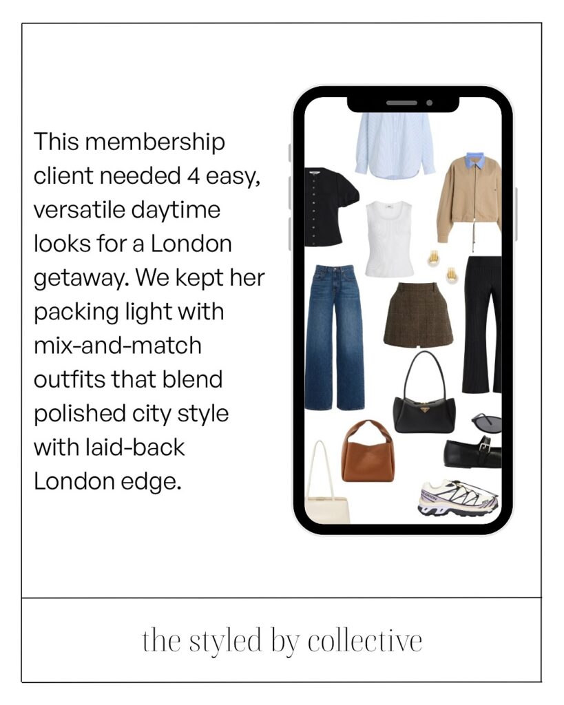Digital outfit grid created by Hayley Sullivan showing mix-and-match capsule wardrobe looks for a London getaway displayed on a smartphone mockup.