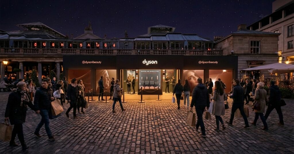 An exterior night-time photograph of Dyson’s “Crafted and Gifted By You” festive pop-up in Covent Garden, showing visitors entering the immersive beauty-tech experience featuring personalised hair-care tools.
