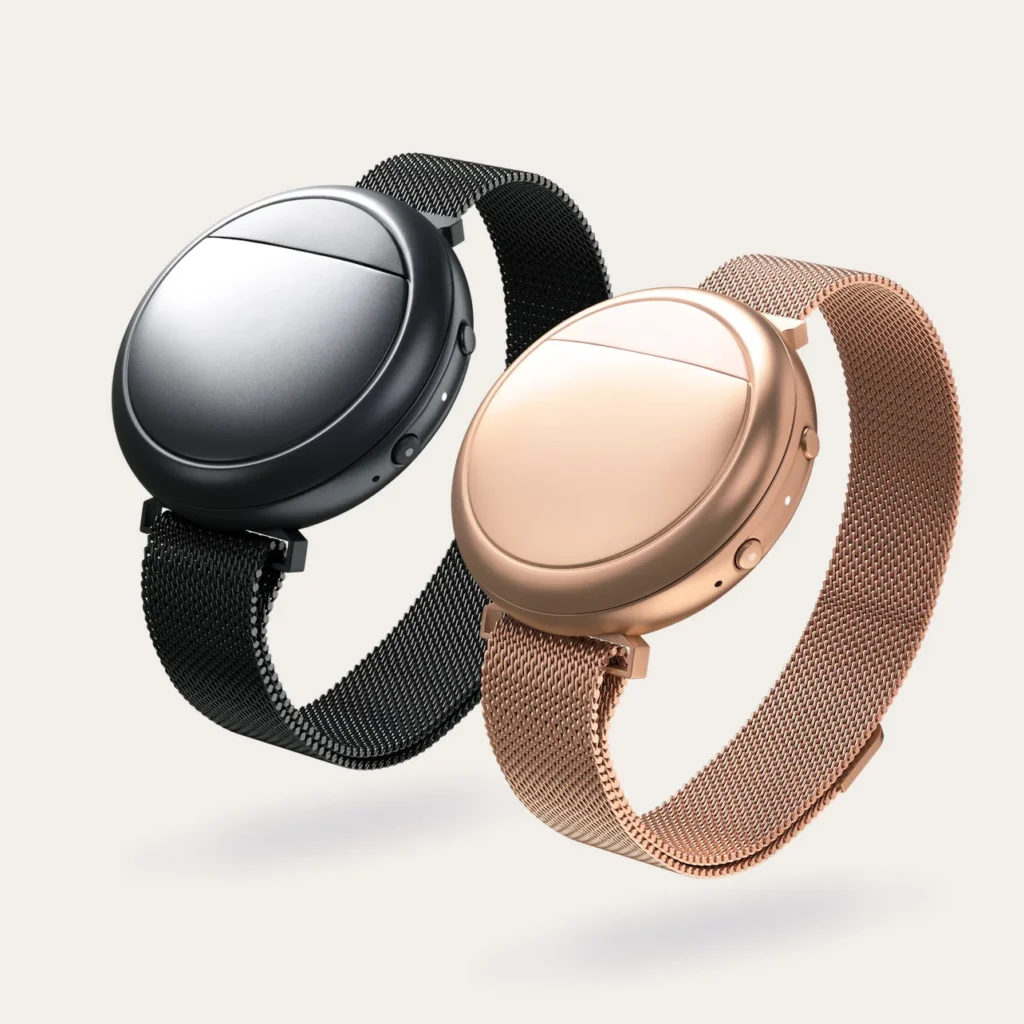 Product image of the Embr Wave 2 smart cooling wristband in black and rose gold, showing a menopause wearable designed to deliver personalised cooling and warming sensations for hot flush relief.