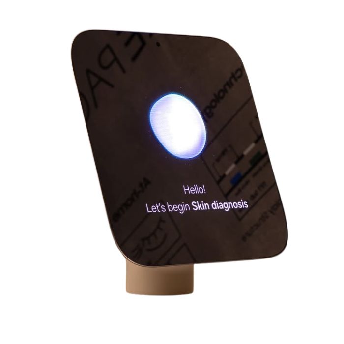 Samsung Micro LED beauty mirror displaying AI skin diagnosis interface, analysing facial skin conditions including wrinkles, pores and pigmentation.