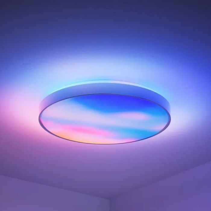 Govee Ceiling Light Ultra installed flush to a ceiling, emitting adjustable ambient lighting with gradient colour effects for smart home environments.