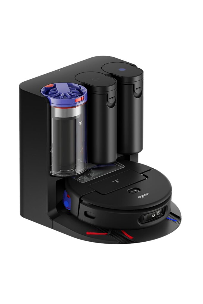 Dyson Spot+Scrub™ AI robot vacuum docked in its hygienic cyclonic charging station, featuring bagless debris storage, water tanks and automatic self-cleaning system for wet and dry floor cleaning.