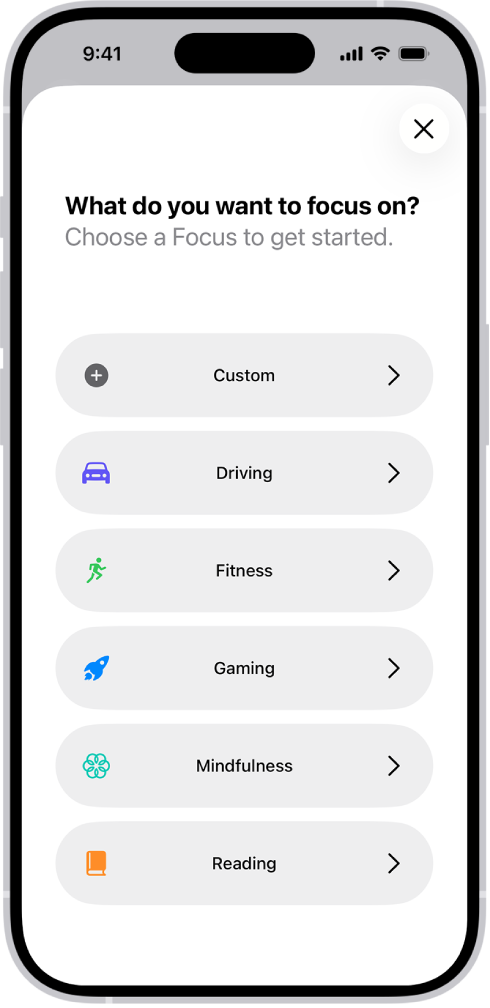 iPhone screen showing Apple Intelligence Focus Modes setup, including Custom, Driving, Fitness, Gaming, Mindfulness and Reading options, designed to reduce distractions and improve productivity.
