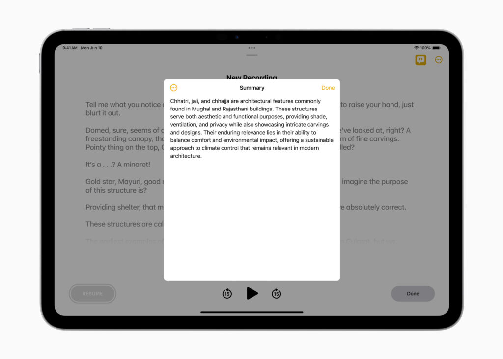 iPad displaying Apple Intelligence summary of an audio recording in the Notes app, showing automatically generated text transcription and concise summary of spoken content.