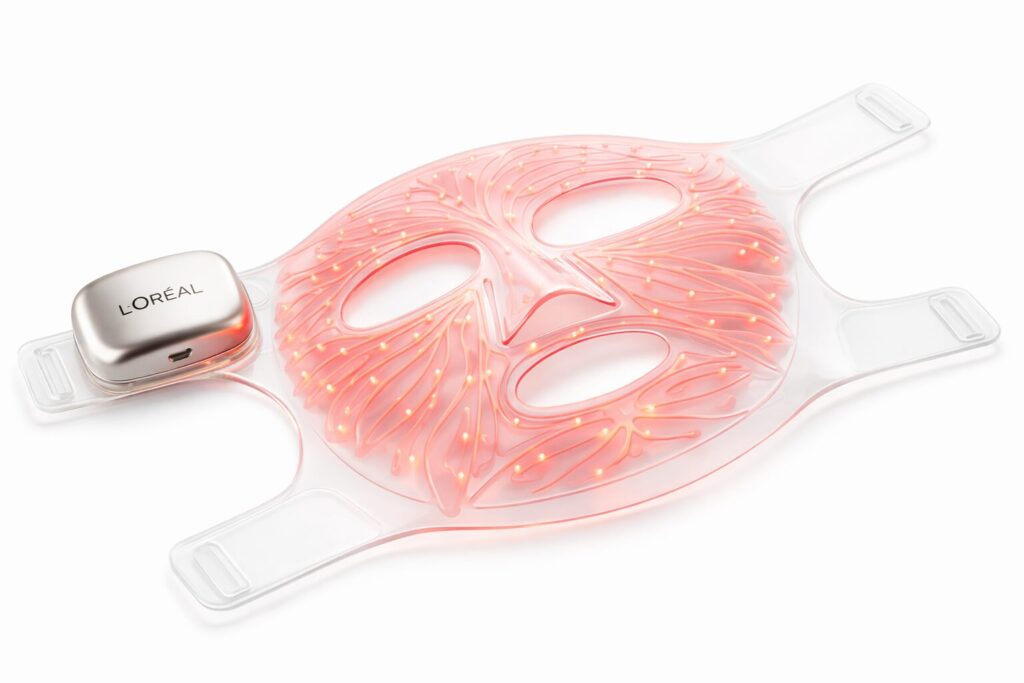 L’Oréal LED face mask with integrated red light technology, designed for at-home skincare treatments, featuring flexible silicone design and illuminated light pathways.