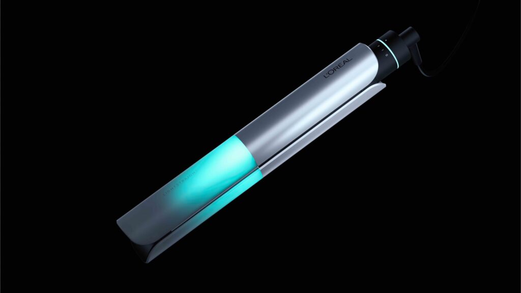 Angled product shot of L’Oréal LightStraight+ hair tool, highlighting infrared light technology, ergonomic design, and smart heat-controlled hair styling innovation.