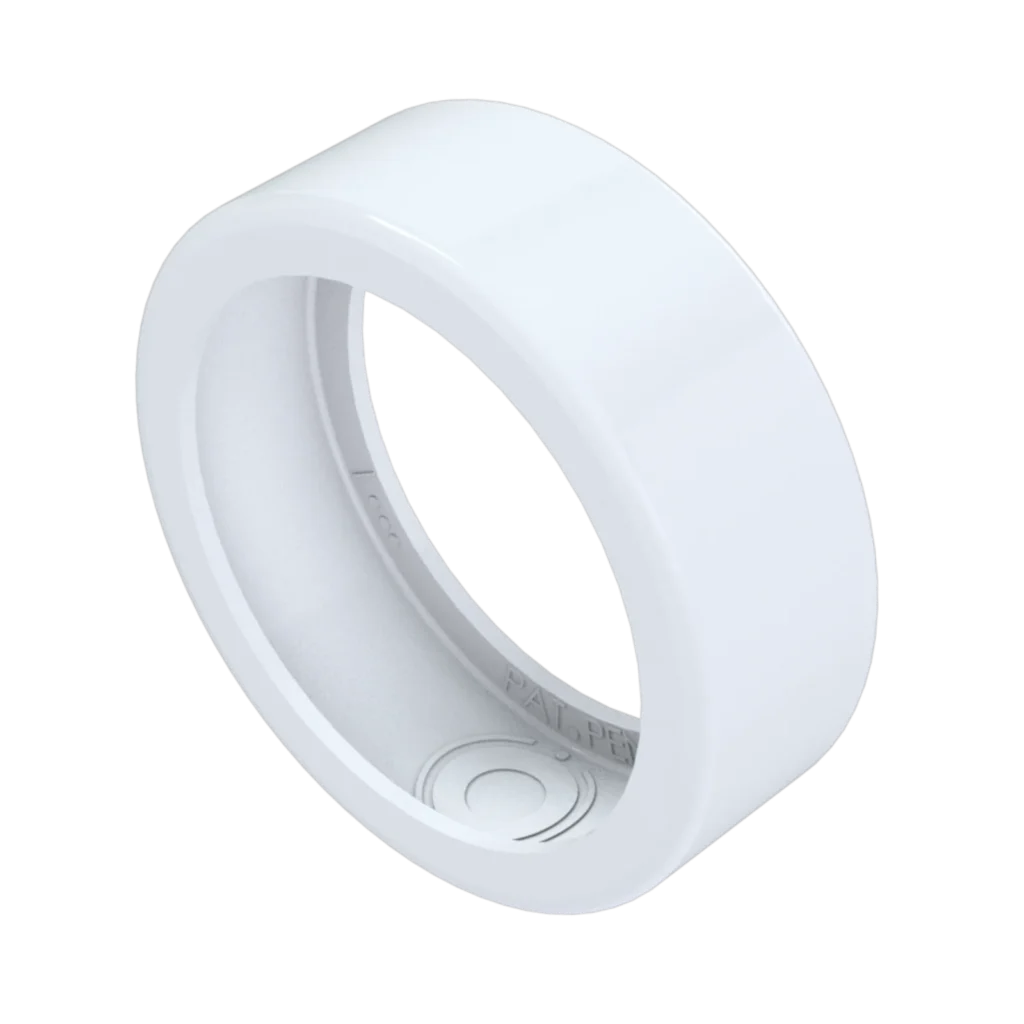 White silicone smart ring protector by OSleeve designed to fit Oura, Samsung Galaxy and Ultrahuman rings, providing scratch protection without disrupting biometric sensors.