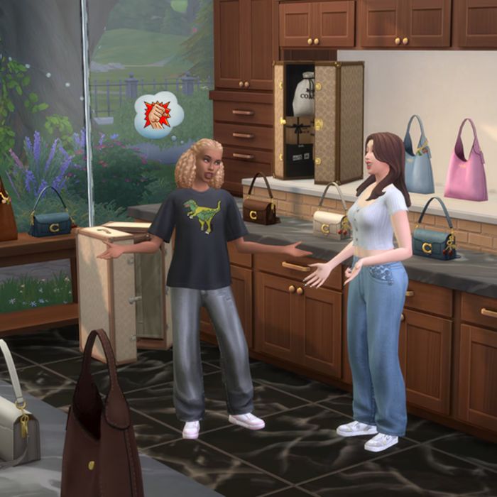 Gameplay image from The Sims™ 4 showing Coach handbags styled as decorative objects in a modern interior, demonstrating how luxury fashion accessories are integrated into Build Buy mode as part of the Coach collaboration.