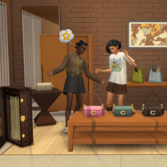 In-game image from The Sims™ 4 showing a Coach-inspired boutique interior with multiple Coach Tabby and Brooklyn handbags displayed on tables and shelves, highlighting the Coach x The Sims™ 4 digital fashion and décor collaboration.