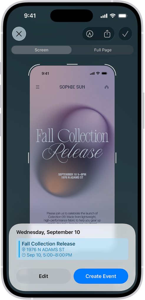 iPhone screen showing Apple Intelligence Visual Intelligence scanning a digital event flyer and automatically creating a calendar event with date, time and location details.