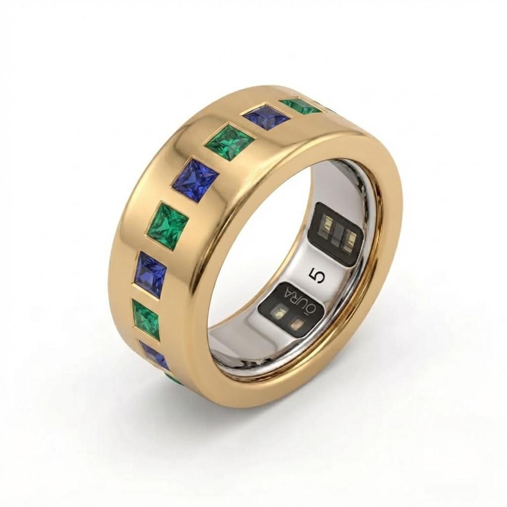 Elanzia Gem Jewels 14k gold emerald and sapphire aura sleeve smart ring jacket for Oura Ring 5