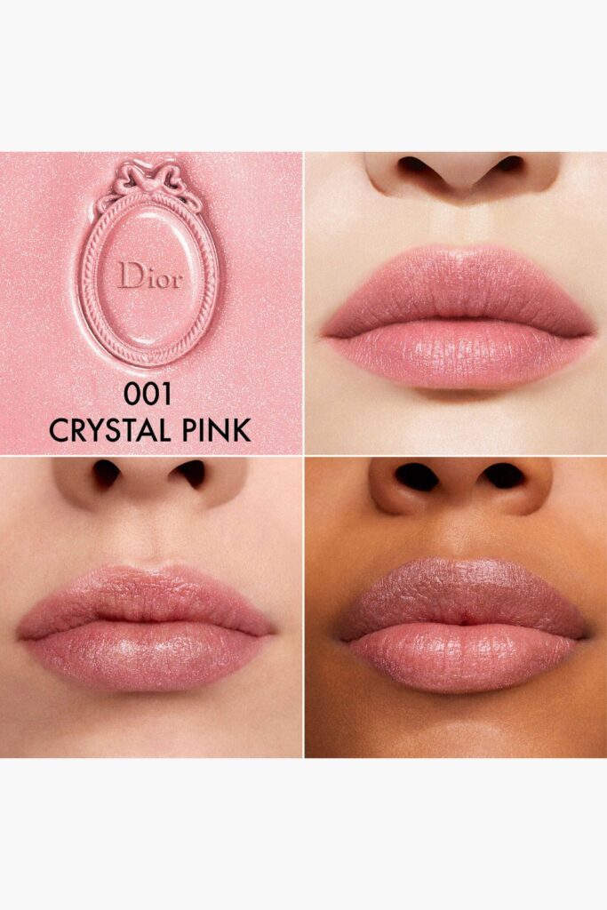 Dior Médaillon lip balm shade 001 Crystal Pink shown on three different skin tones