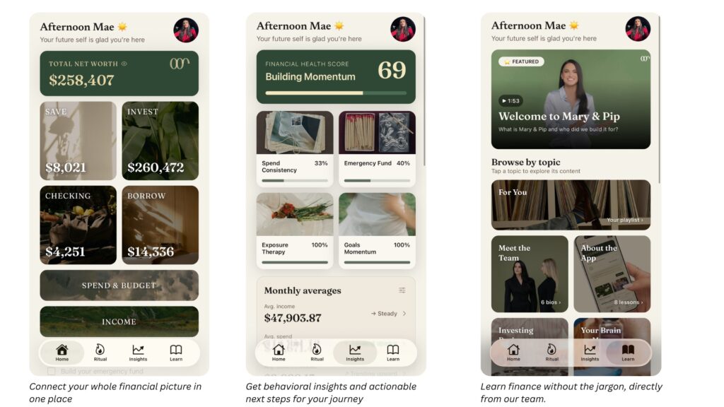 Three Mary & Pip app screens showing total net worth, a Financial Health Score and the Learn library